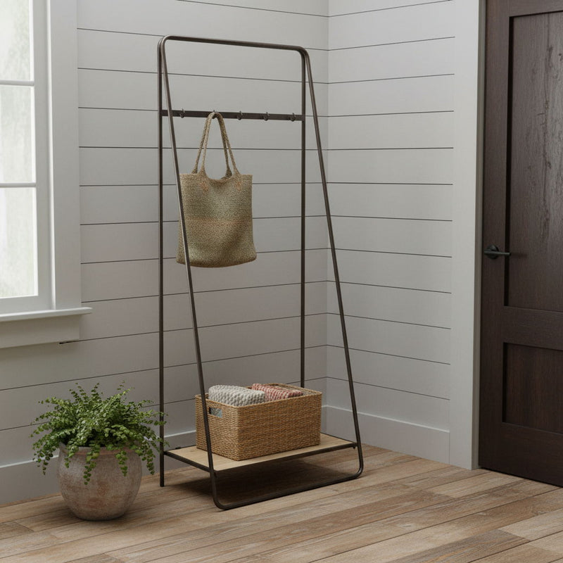 Pipe Metal And Wood Shelf Hall Tree - Black