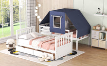 Load image into Gallery viewer, Twin Over Twin Bunk Bed Wood Bed with Tent and Drawers, White+Blue Tent
