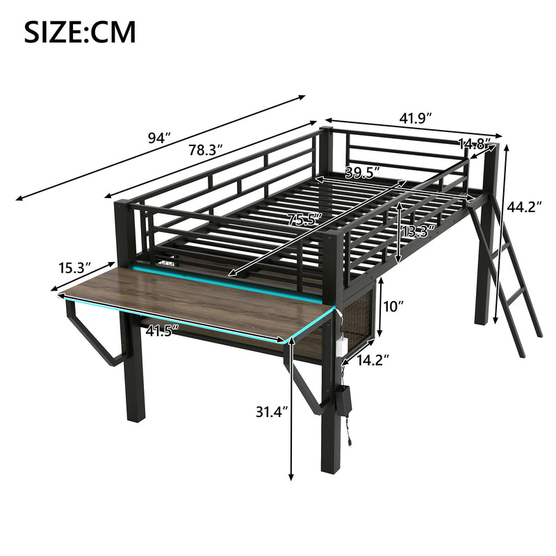Gaming - Twin Loft Bed With Desk And LED - Black