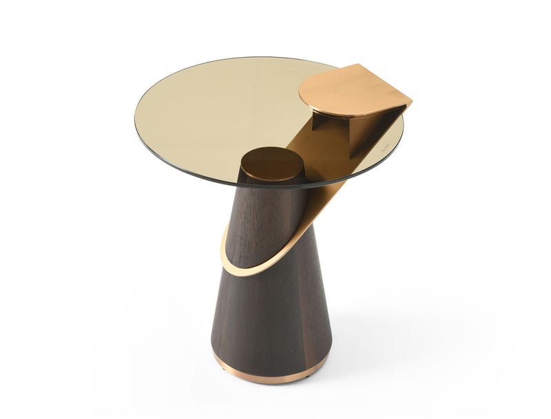 Glass Stainless Steel Solid Wood Round Pedestal End Table - Clear / Rose / Gold