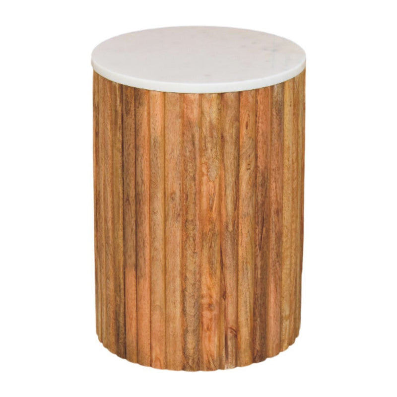 Marble And Solid Wood Round Drum End Table - Brown