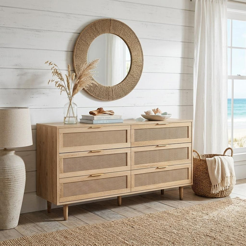 Rattan Six Drawer Double Dresser (716335) - Natural