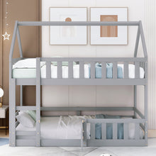 Load image into Gallery viewer, Twin over Twin House Bunk Bed with Fence and Door, Gray
