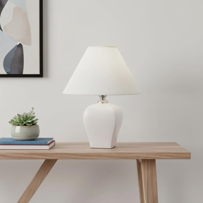 Ceramic Bedside Table Lamp With Off-White Shade - White