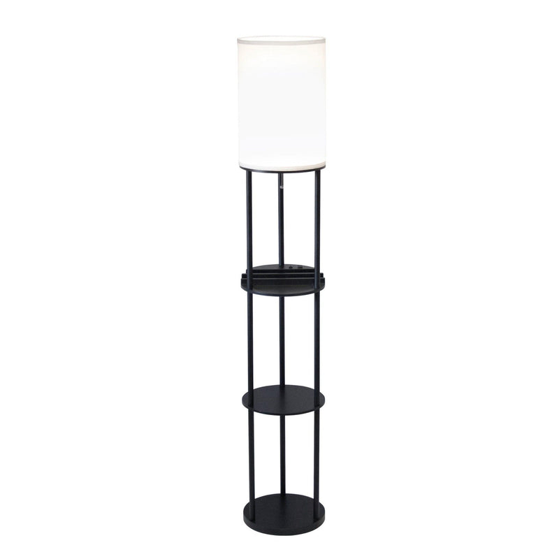 Wood Floor Lamp With Circular USB Charging Station Shelf - Black