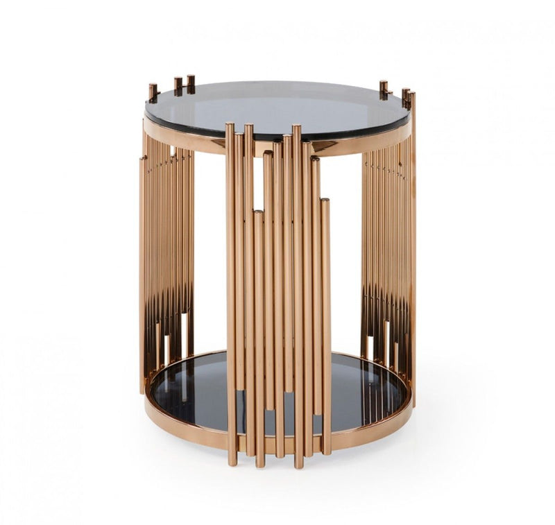 Glass And Stainless Steel Round End Table With Shelf - Rosegold And Black