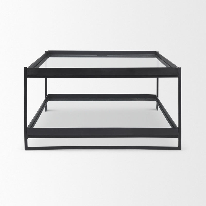 Mirrored Sled Coffee Table With Two Shelves - Clear / Black
