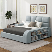 Load image into Gallery viewer, Queen Size Upholstered Platform Bed with Multimedia Nightstand and Storage Shelves, Gray
