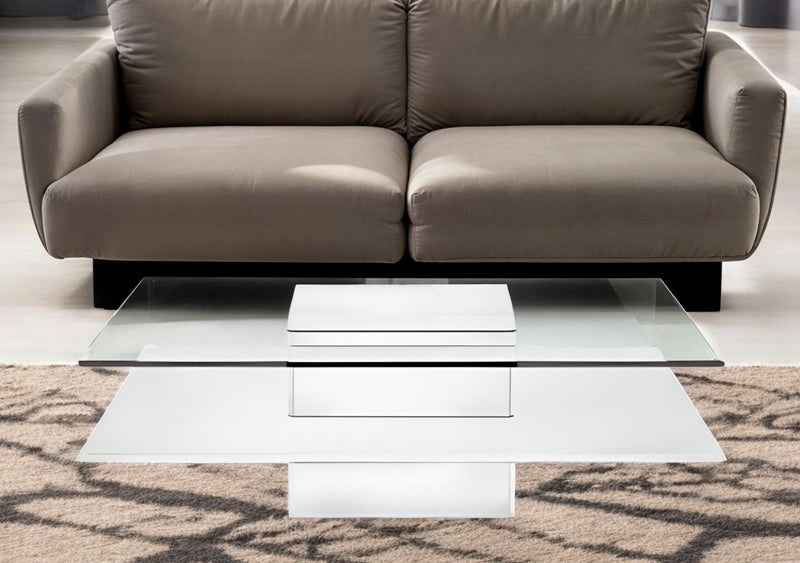 Glass Square Coffee Table With Shelf - White And Clear