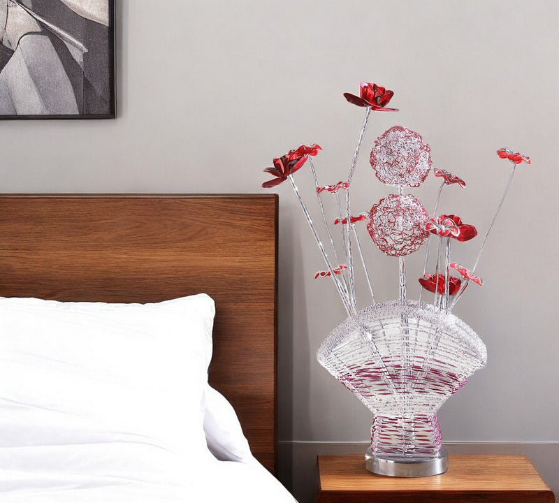Metal And Acrylic Red Rose Bedside Lamp - Silver And Clear