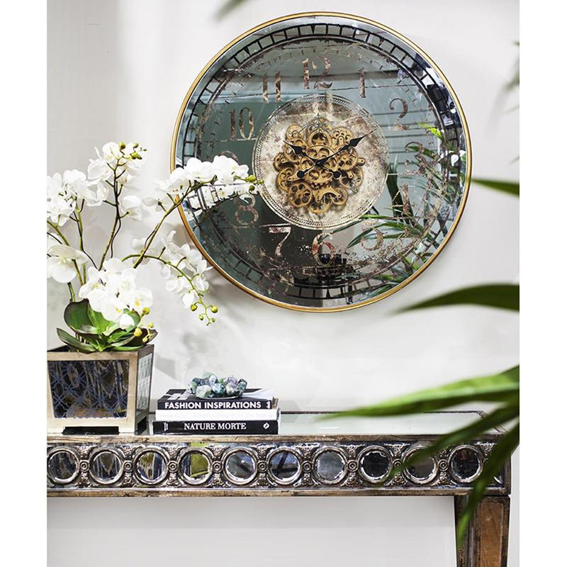 Circle Mirror Analog Exposed Gear Wall Clock - Gold / Silver