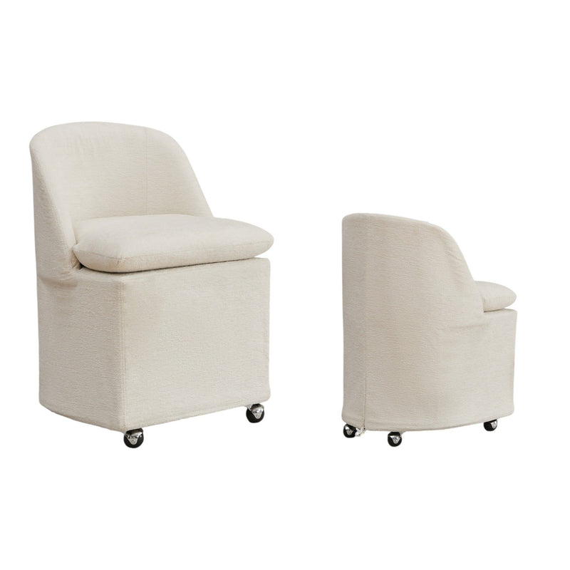 Chenille Wing Back Dining Chairs With Wheels (Set of 2) - Beige