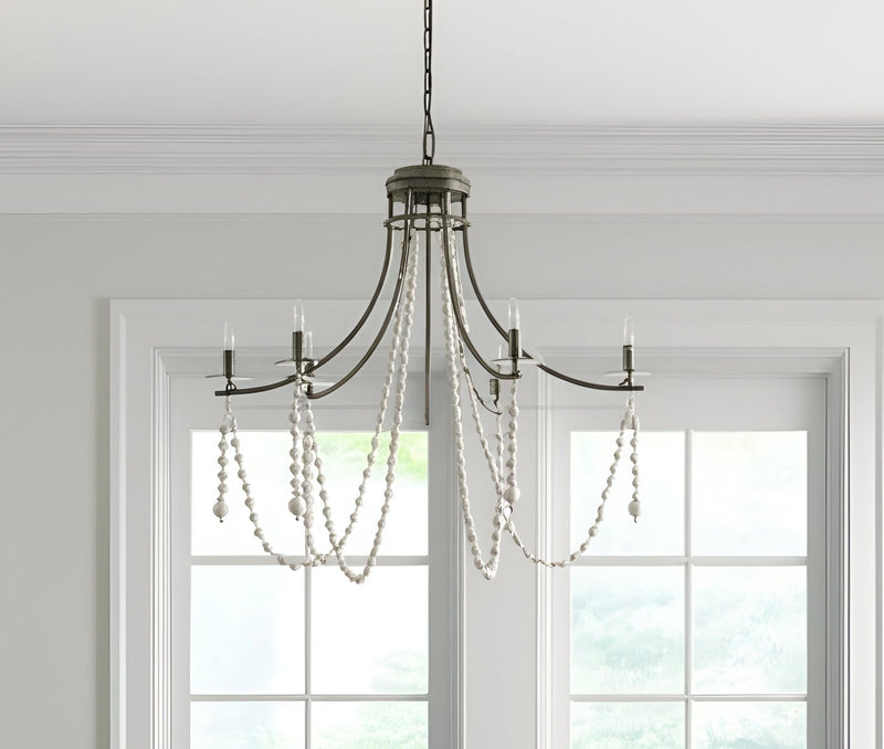 Candle Style Six Light Metal And Beads Dimmable Chandelier - Silver / White