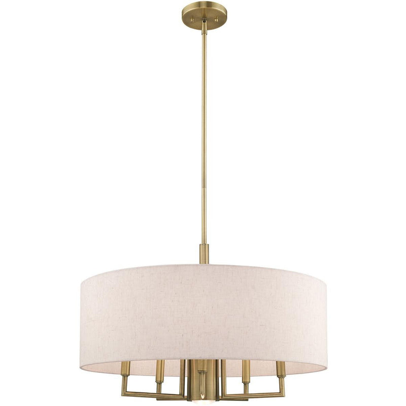 25" Six Light Dimmable Chandelier With Shades - Antiqued Brass