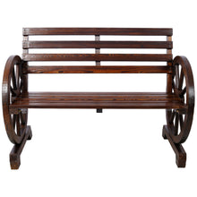 Load image into Gallery viewer, Rustic Country 2 Person Wooden Wagon Wheel Bench With Slatted Seat And Backrest - Brown

