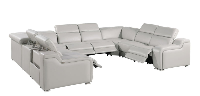 Leather Power Reclining U-Shaped Eight Piece Corner Sectional With Console - Light Gray