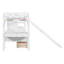 Load image into Gallery viewer, Twin over Twin Bunk Bed with Storage Staircase, Slide and Drawers, Desk with Drawers and Shelves, White
