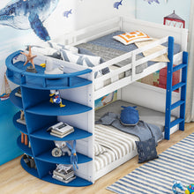 Load image into Gallery viewer, Twin over Twin Boat-Like Shape Bunk Bed with Storage Shelves, White+Blue
