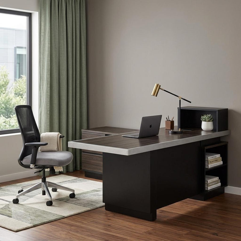 Wood Pedestal Executive Desk With Two Drawers Built In Lighting - Black