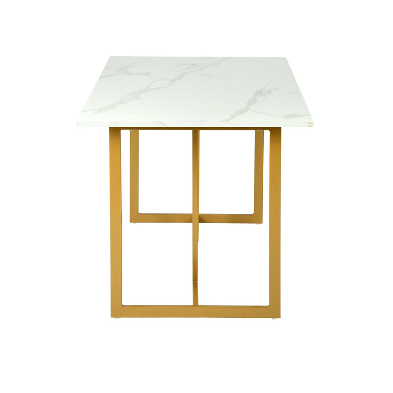 White And Faux Marble And Iron Sled Base Dining Table - Gold