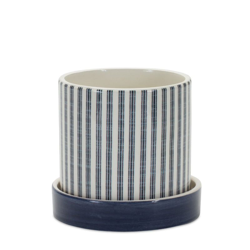 Striped Round Pot Planters (Set of 2) - Blue / White