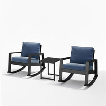 Load image into Gallery viewer, Outdoor Rocking Bistro Set Of 3, Oversized Rocking Chairs With Cushions And Side Table - Black / Blue
