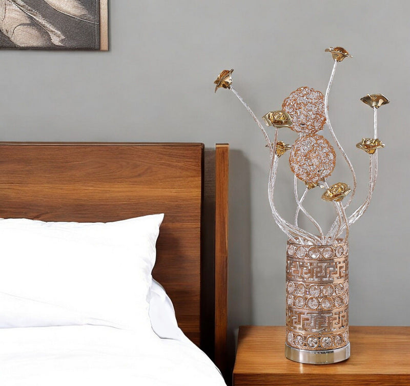 Metal And Acrylic Flowers Bedside Lamp - Silver And Rose Gold