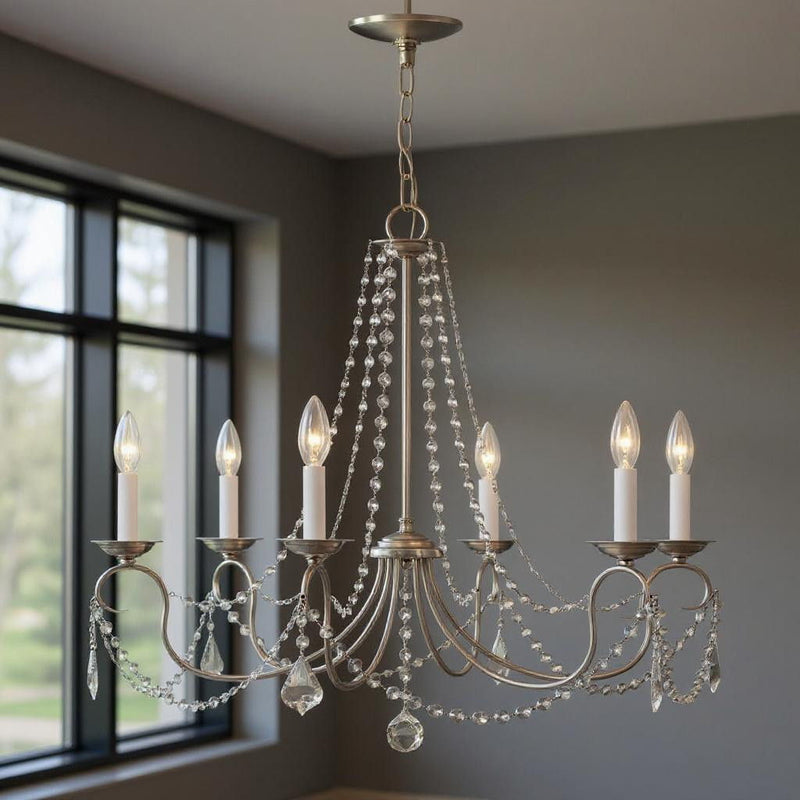 24" Six Light Dimmable Chandelier With Shades - Nickel