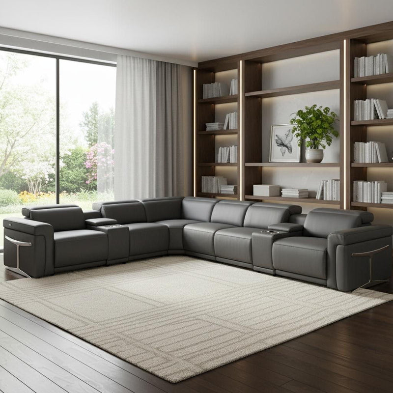 Italian Leather Modular L-Shaped Eight Piece Corner Sectional With Console - Gray