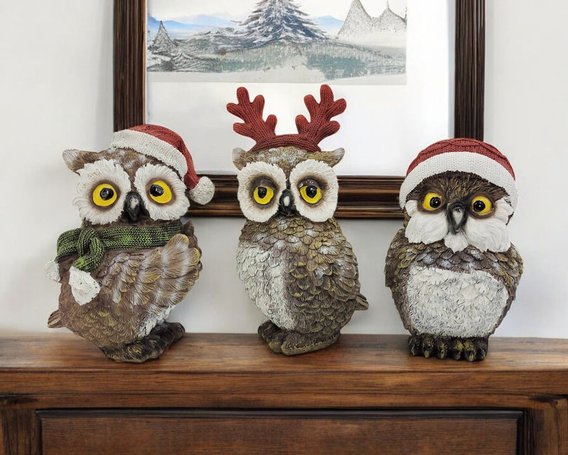 Owl Figurine (Set of 3) (552240) - Brown / White / Red