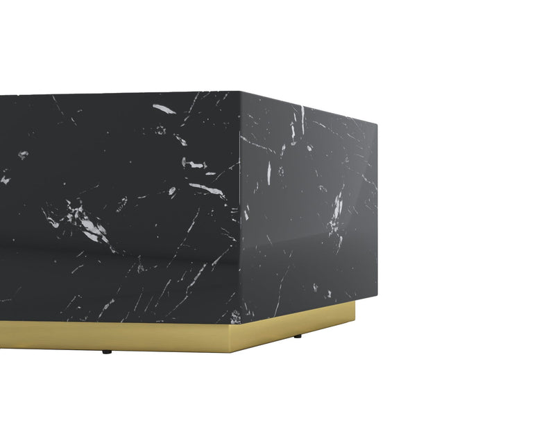 35" Faux Marble Hexagon Drum Coffee Table - Black And Gold