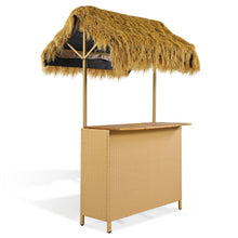 Load image into Gallery viewer, Hawaiian-Style Bar Height Patio Set With PE Grass Canopy, Outdoor Bar Table And Stools With Adjustable Feet, Acacia Wood Top, For Dining And Drinking - Natural
