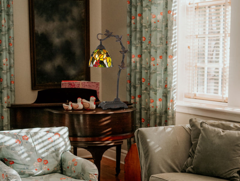 Metal Tiffany Style Table Lamp With Hanging Stained Glass Shade - Bronze
