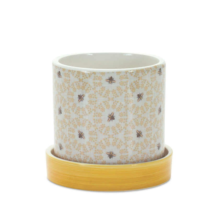 Striped Round Pot Planters (Set of 2) - Yellow / White