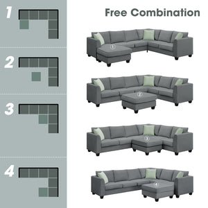 [VIDEO provided] 112*87" Sectional Sofa Couches Living Room Sets 7 Seats Modular Sectional Sofa with Ottoman L Shape Fabric Sofa Corner Couch Set with 3 Pillows, Grey