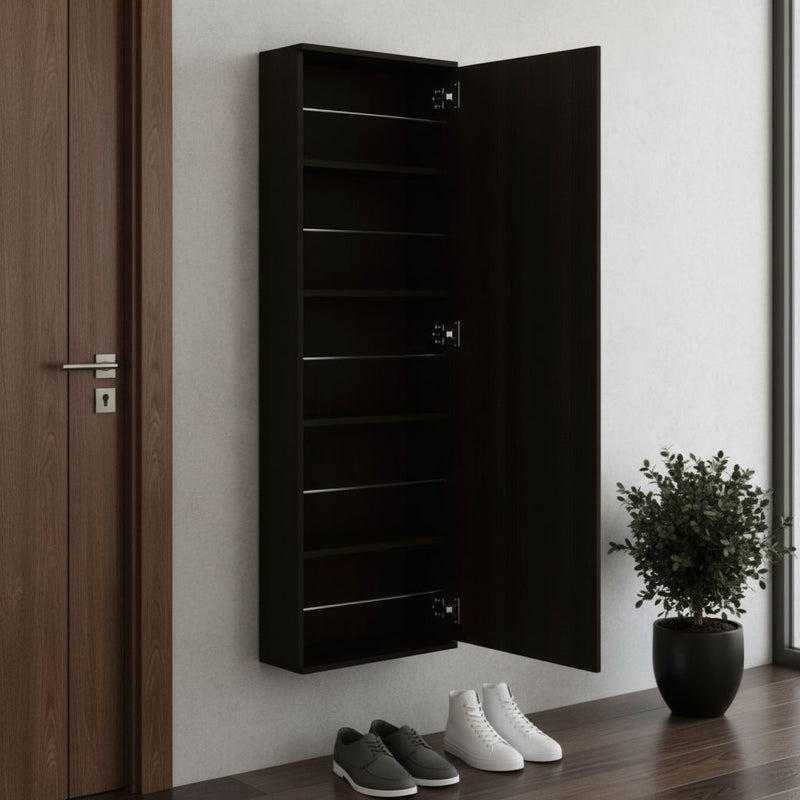 Stylish Wengue Wall Mounted Shoe Rack With Mirror - Black