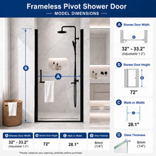 Load image into Gallery viewer, Semi-Frameless Pivot Shower Door With Adjustable Width, Reversible Installation
