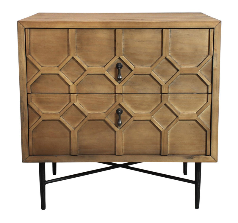 Iron And Solid Wood Distressed Carved Geometric Two Drawer Nightstand - Natural