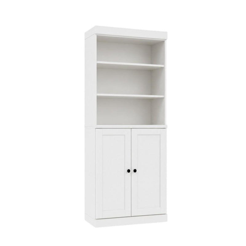 Solid Wood Adjustable Six Tier Library Bookcase With Two Doors - White