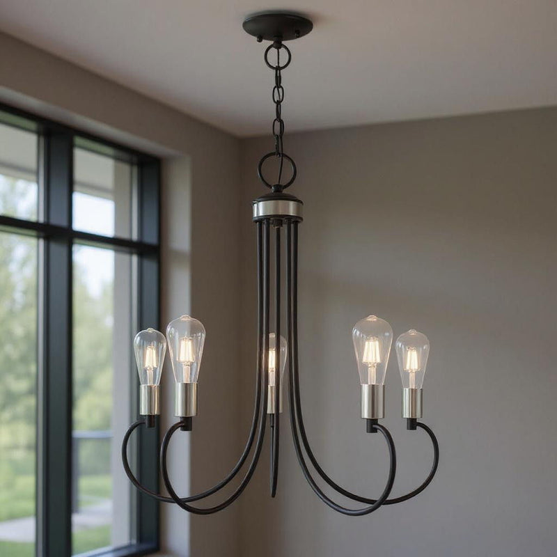 26" Five Light Dimmable Chandelier With Shades - Black