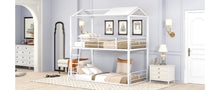 Load image into Gallery viewer, Twin Over Twin Bunk Bed Metal Bed with Half Roof, Guardrail and Ladder White
