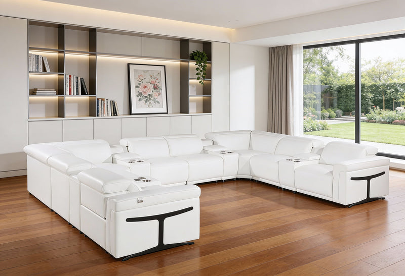 Italian Leather Power Reclining U Shaped Twelve Piece Sectional With Console - White