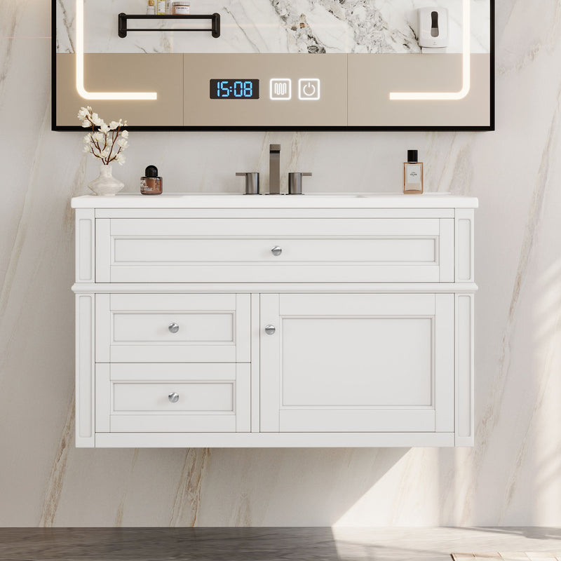 Modern Wall Mounted Floating Cabinet With Double Drawer And Sink
