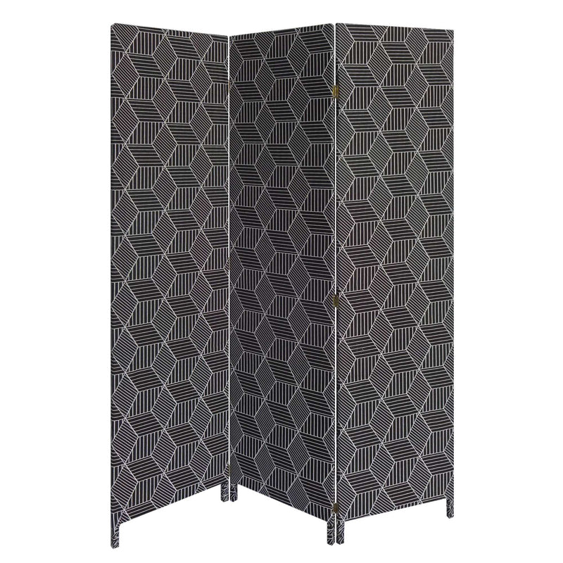 Fabric Folding Three Panel Screen Room Divider - Black And White
