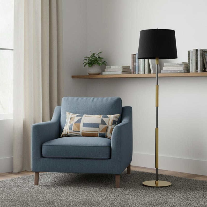 60" Metal Floor Lamp With Black Fabric Drum Shade - Antiqued Brass