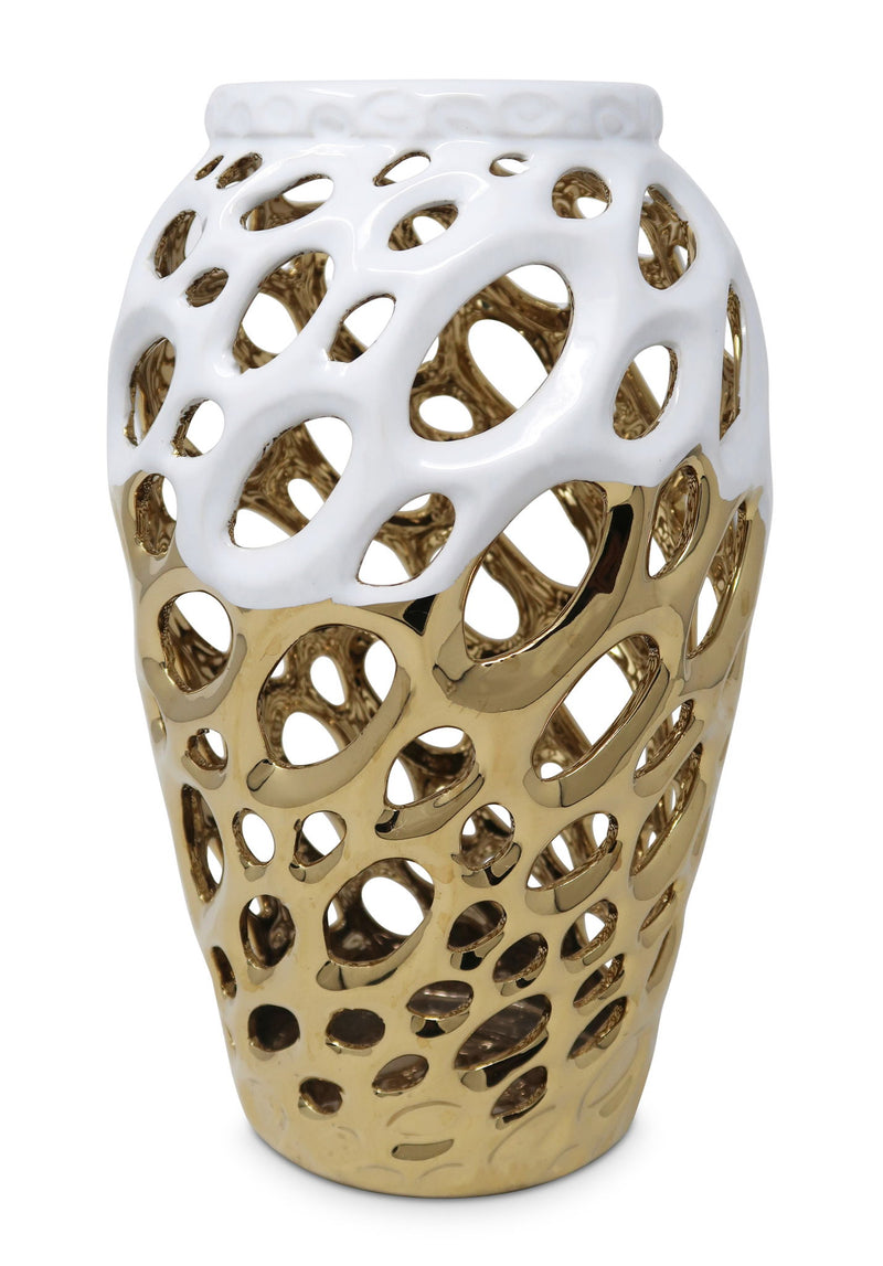 Pierced Urn Porcelain Table Vase With Sculptural Details - Gold / White