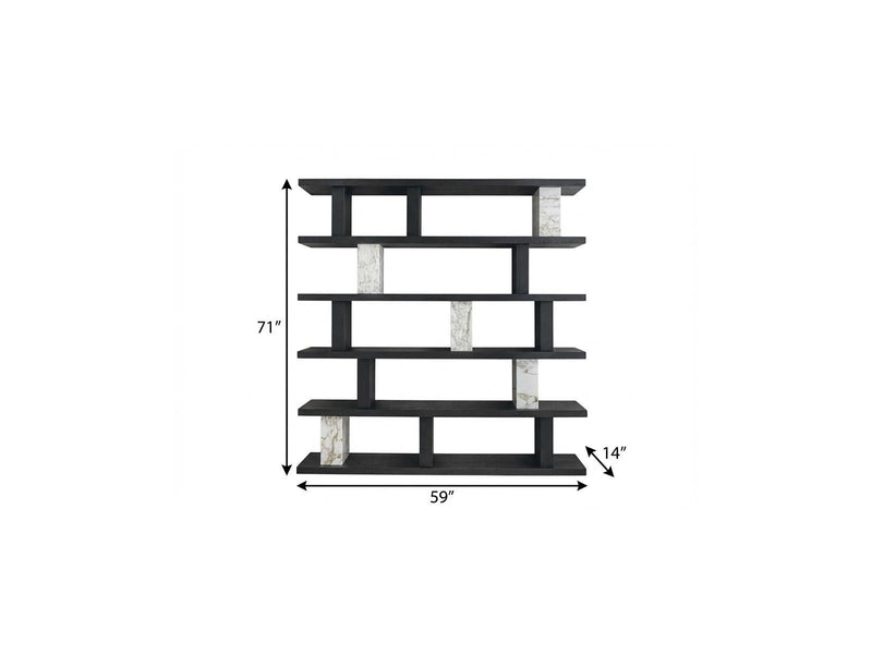 Faux Marble Five Tier Geometric Bookcase - Black / White