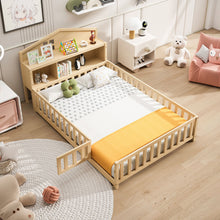 Load image into Gallery viewer, Full Size Montessori Floor Bed With Bookcases And boards, Solid Wood Platform Bed With Guard Rails And Storage Headboards - Natural

