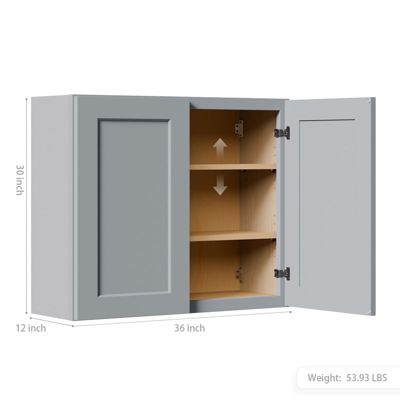 Shaker Wall Cabinet With Soft Close Hinges, Adjustable Shelves, Double Door