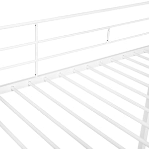 Twin Over Twin Bunk Bed Metal Bed with Half Roof, Guardrail and Ladder White